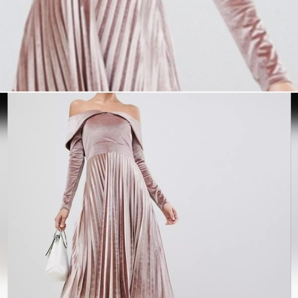 ASOS Dresses & Skirts - NWT ASOS pleated velvet bardot midi dress blush pink size 12